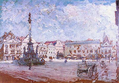 Ludvík Kuba, trh na náměstí v Českém Krumlově, olej