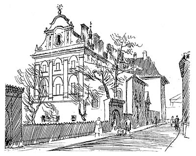 Jezuitský seminář v popředí s bývalou seminární kaplí sv. Josefa na kresbě Bohuslava Coufala