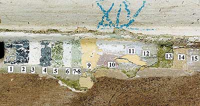 Latrn p. 84, detail stratigrafie barevnch ntr od baroknho obdob do 20. stol. na pechodu korunn msy a zkladn plochy, zdroj: Arteco B.M. s.r.o., autor: J. Bloch, 1998