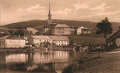 Frymburk, pohled od eky Vltavy, historick foto