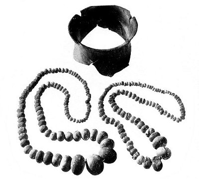 Dv Kmen, fragment keramick ndoba a jantarov korle z depotu objevenho v roce 1960 (podle J. Polka).