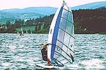 Windsurfing na Lipn, ern v Poumav, vtr o sle piblin 8 m/s, v poped jede Martin Jelnek s plachtou Arrows Tomahawk 6.6m2 a plovkem Fanatic UltraRay282
