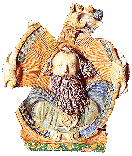 Barevně glazovaný kamnový nástavec (Bekrönungskachel) zdobený reliéfem Boha otce (zámek Český Krumlov, 16. století), nález z archeologického výzkumu v roce 1995, foto: Michal Ernée, 2000